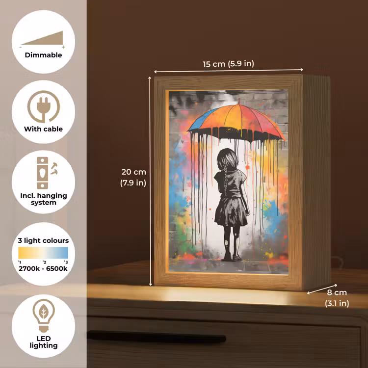 Meisje - Kunst - Paraplu - Graffiti - Kleuren - Muur Light Box met kabel (Tafellamp) klein -USP_EN