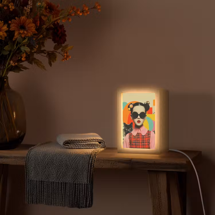 Meisje - Zonnebril - Kat - Retro Light Box met kabel (Tafellamp) klein -sfeer4