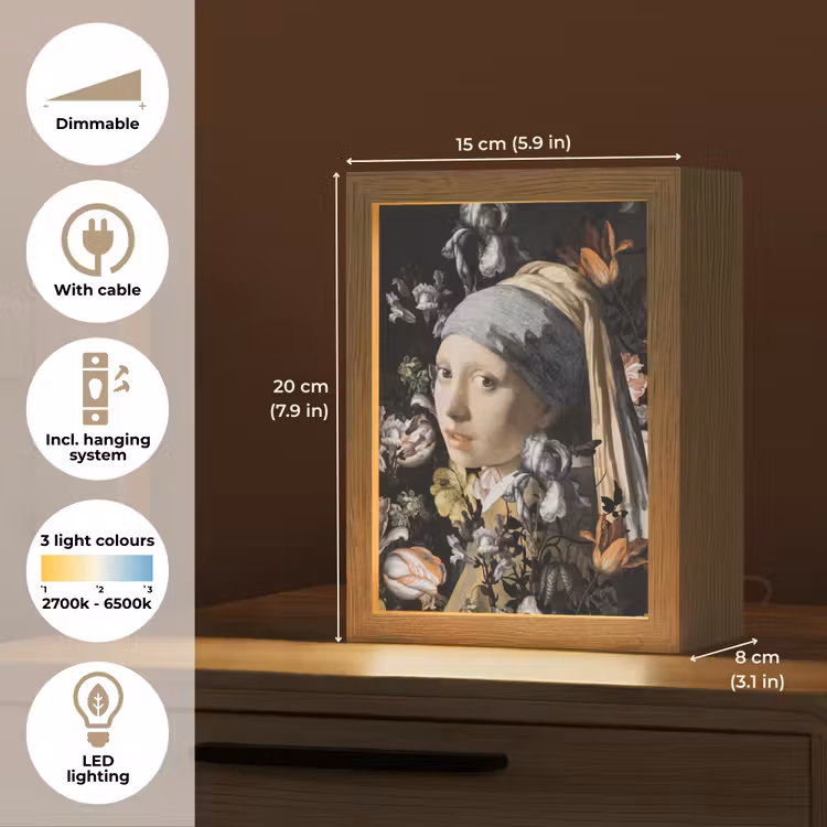 Meisje met de parel - Johannes Vermeer - Bloemen Light Box met kabel (Tafellamp) klein -USP_EN