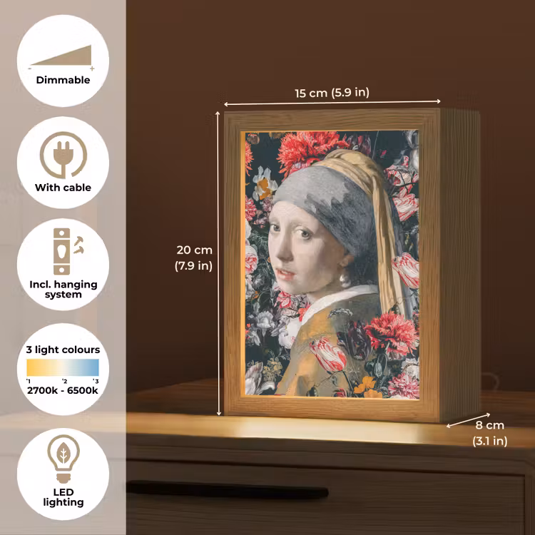 Meisje met de parel - Johannes Vermeer - Bloemen Light Box met kabel (Tafellamp) klein -USP_EN