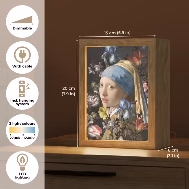 Meisje met de parel - Johannes Vermeer - Bloemen Light Box met kabel (Tafellamp) klein -USP_EN