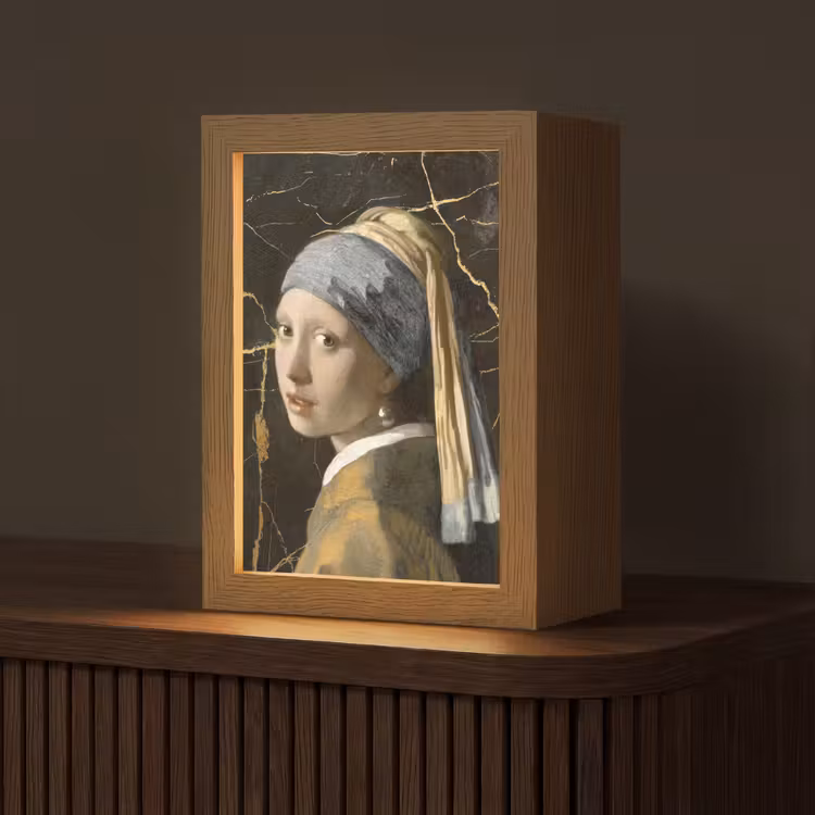 Meisje met de parel - Johannes Vermeer - Goud Light Box met kabel (Tafellamp) klein -z3d_website