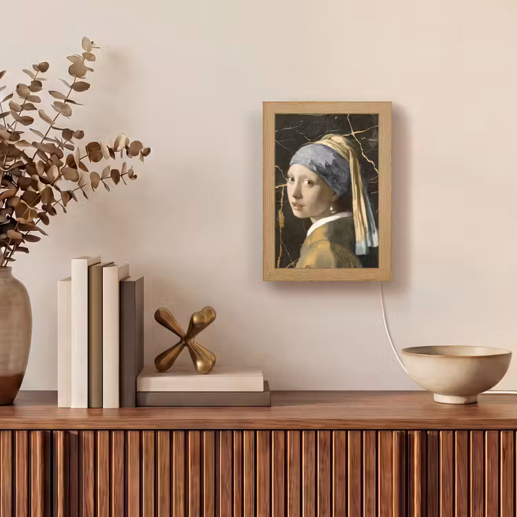 Meisje met de parel - Johannes Vermeer - Goud Light Box met kabel (Tafellamp) klein -sfeer2