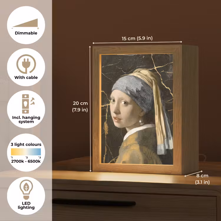 Meisje met de parel - Johannes Vermeer - Goud Light Box met kabel (Tafellamp) klein -USP_EN