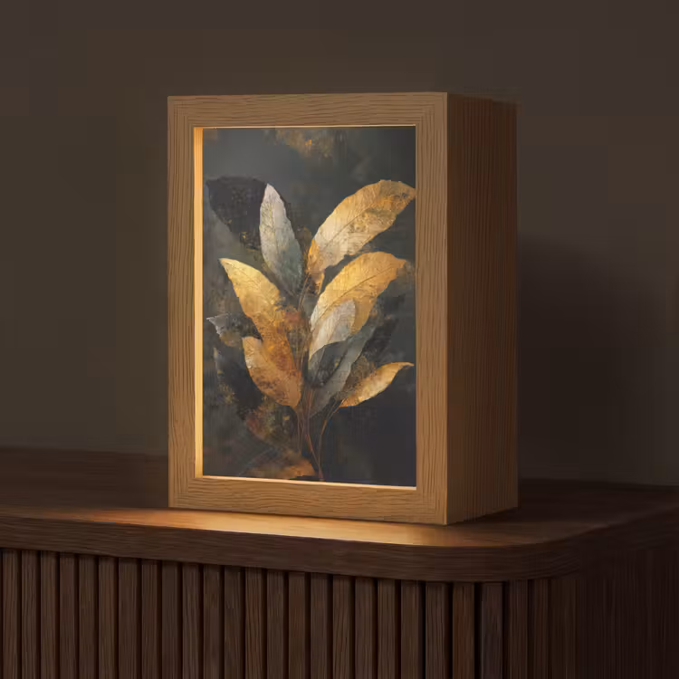 Gouden Bladcompositie – Botanische Luxe Light Box met kabel (Tafellamp) klein -z3d_website