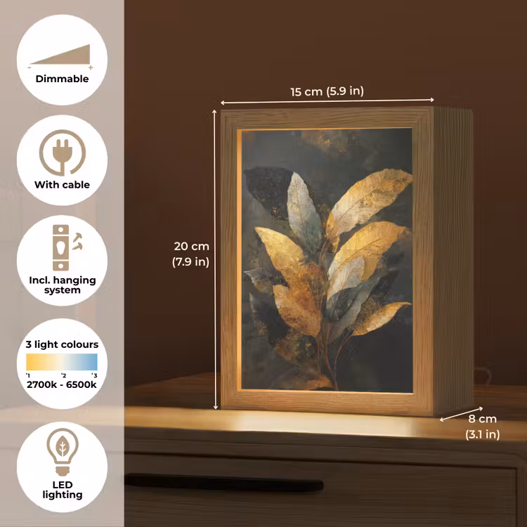 Gouden Bladcompositie – Botanische Luxe Light Box met kabel (Tafellamp) klein -USP_EN