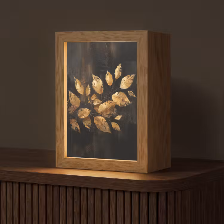 Gouden Bladeren op Donkere Achtergrond Light Box met kabel (Tafellamp) klein -z3d_website