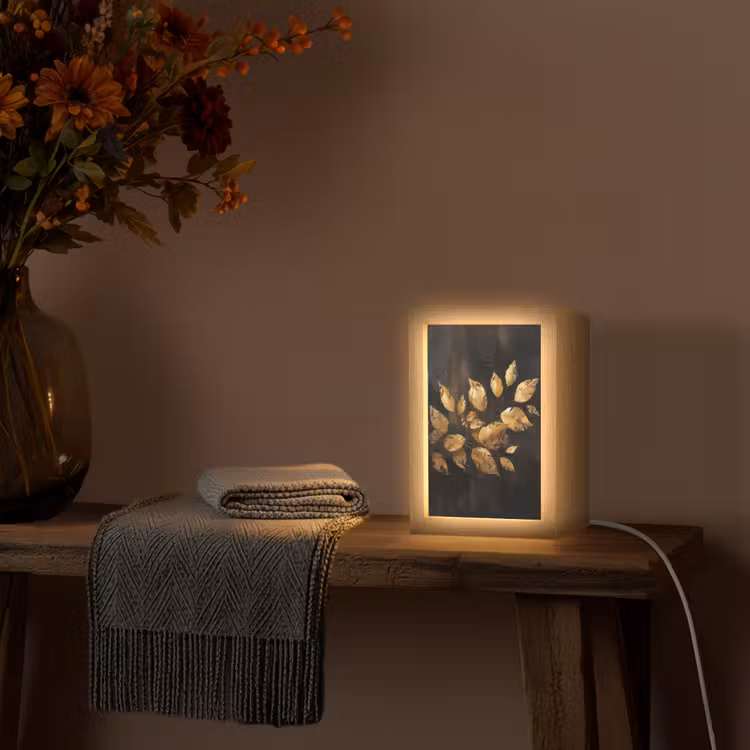 Gouden Bladeren op Donkere Achtergrond Light Box met kabel (Tafellamp) klein -sfeer4