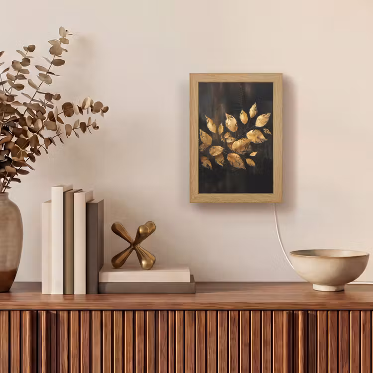 Gouden Bladeren op Donkere Achtergrond Light Box met kabel (Tafellamp) klein -sfeer2