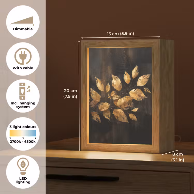 Gouden Bladeren op Donkere Achtergrond Light Box met kabel (Tafellamp) klein -USP_EN