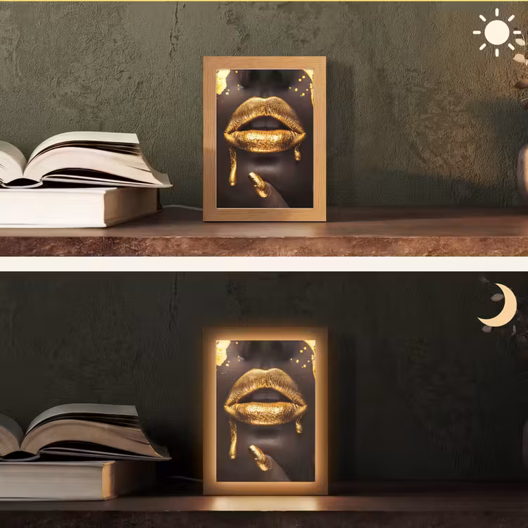 Gouden lippen - Gezicht - Vrouw - Modern Light Box met kabel (Tafellamp) klein -sfeer3