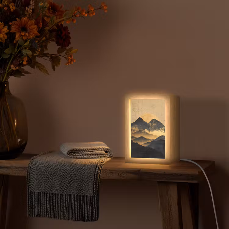 Gouden Bergen bij Maanlicht Light Box met kabel (Tafellamp) klein -sfeer4