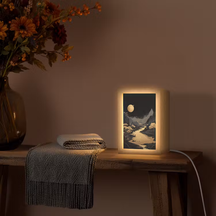 Gouden rivier - Bergen - Maan - Sterrenhemel Light Box met kabel (Tafellamp) klein -sfeer4