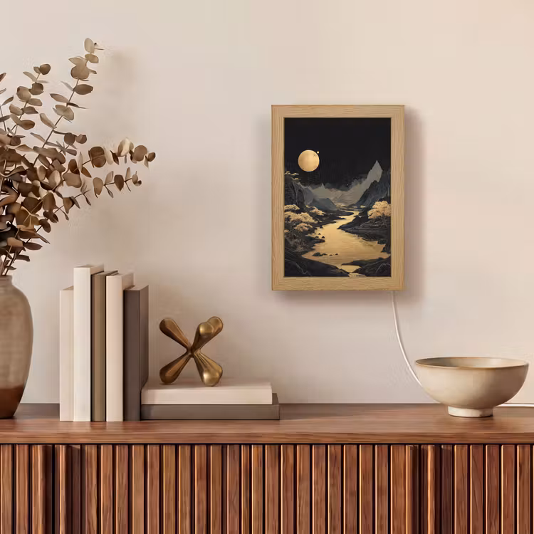 Gouden rivier - Bergen - Maan - Sterrenhemel Light Box met kabel (Tafellamp) klein -sfeer2