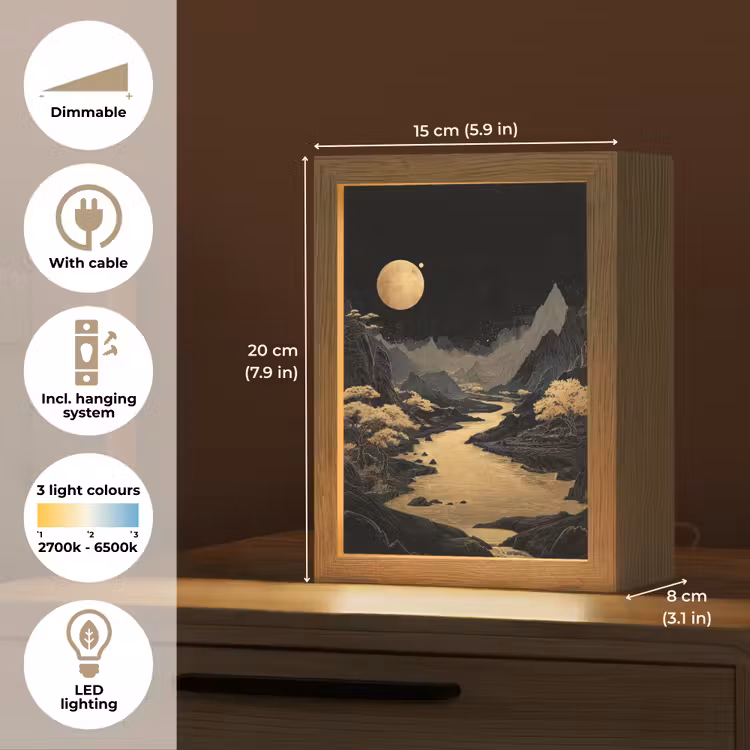 Gouden rivier - Bergen - Maan - Sterrenhemel Light Box met kabel (Tafellamp) klein -USP_EN