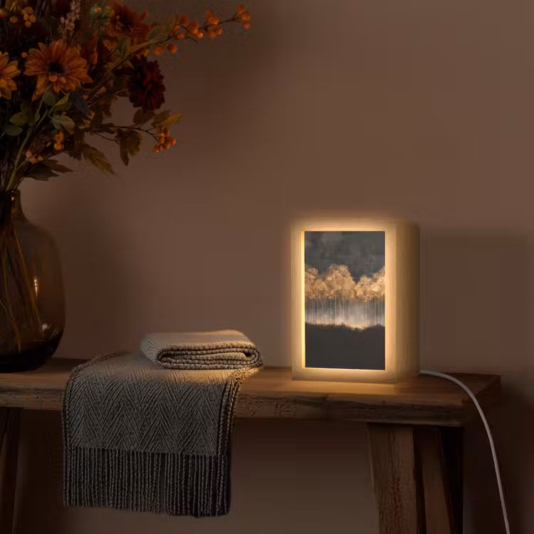 Gouden Bomen in Mistig Landschap Light Box met kabel (Tafellamp) klein -sfeer4