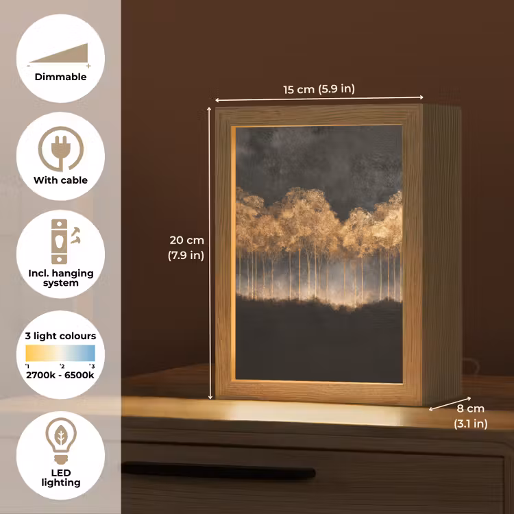 Gouden Bomen in Mistig Landschap Light Box met kabel (Tafellamp) klein -USP_EN