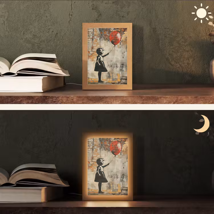 Graffiti - Banksy Style - Meisje met ballon Light Box met kabel (Tafellamp) klein -sfeer3