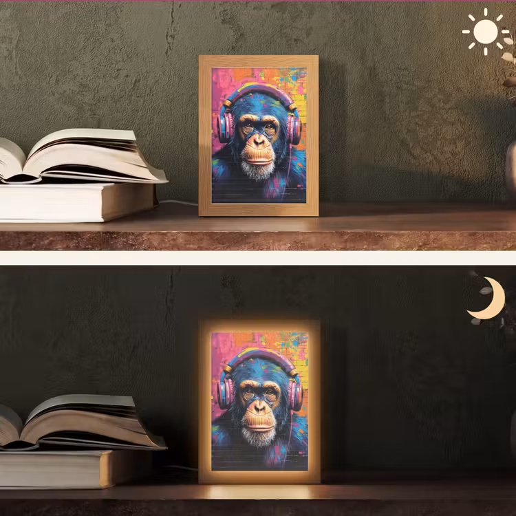 Graffiti - Chimpansee - Street art - Koptelefoon - Aap Light Box met kabel (Tafellamp) klein -sfeer3