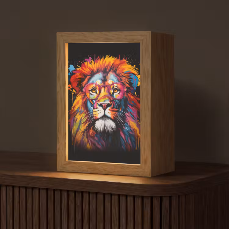 Graffiti - Leeuw - Bril - Zwart - Kleurrijk Light Box met kabel (Tafellamp) klein -z3d_website