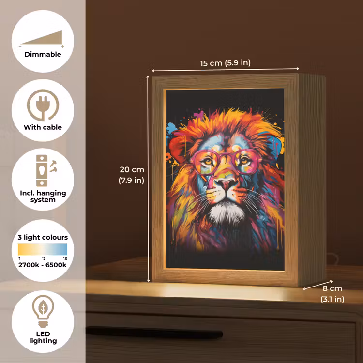 Graffiti - Leeuw - Bril - Zwart - Kleurrijk Light Box met kabel (Tafellamp) klein -USP_EN