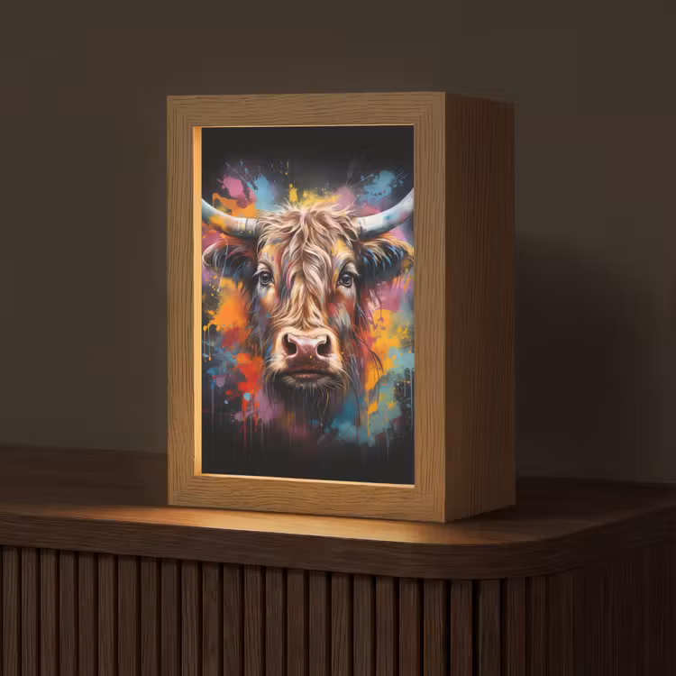 Graffiti - Schotse hooglander - Zwart - Koe Light Box met kabel (Tafellamp) klein -z3d_website