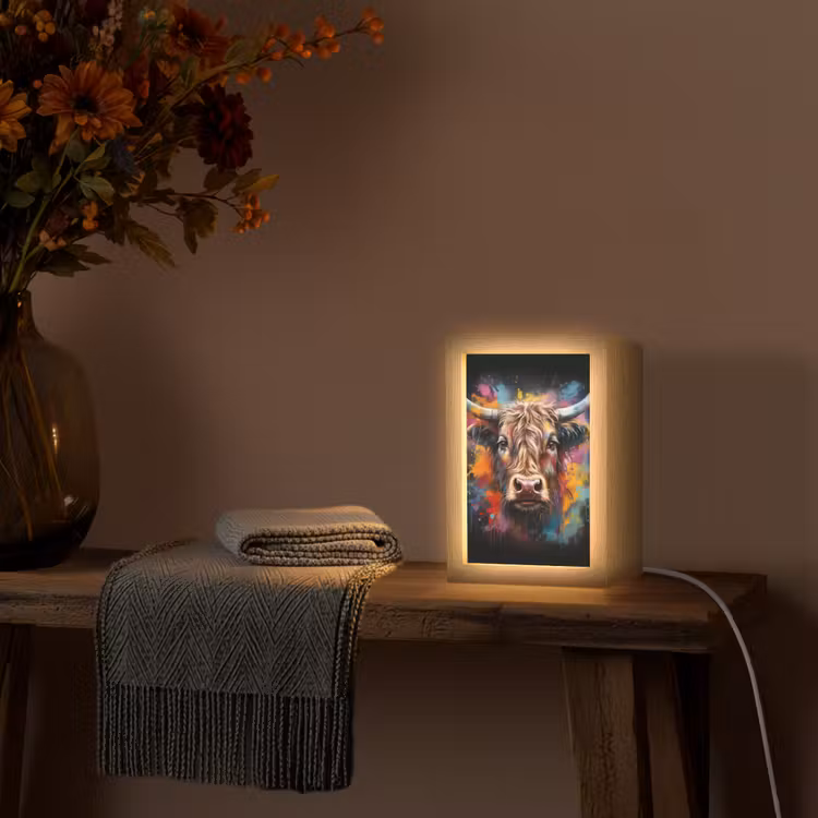 Graffiti - Schotse hooglander - Zwart - Koe Light Box met kabel (Tafellamp) klein -sfeer4