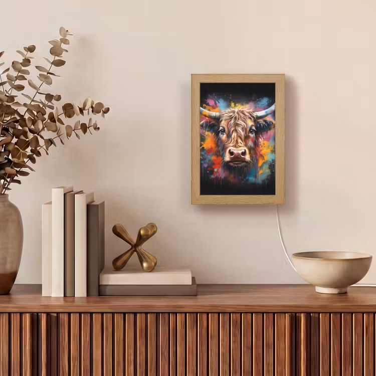 Graffiti - Schotse hooglander - Zwart - Koe Light Box met kabel (Tafellamp) klein -sfeer2