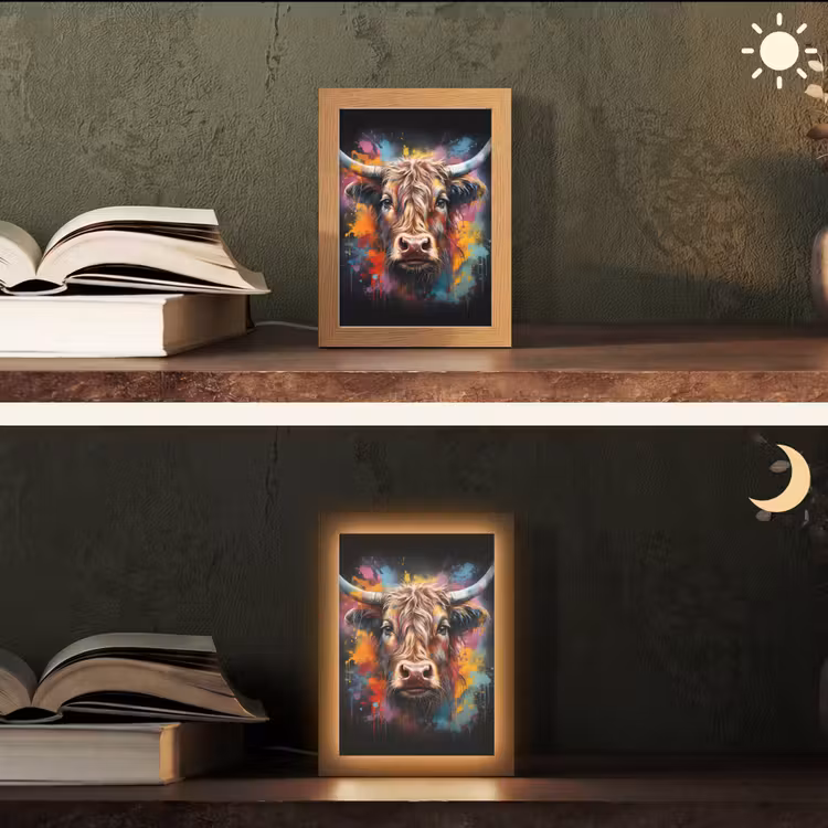 Graffiti - Schotse hooglander - Zwart - Koe Light Box met kabel (Tafellamp) klein -sfeer3