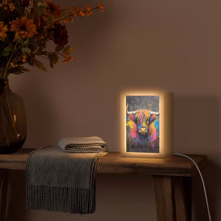 Graffiti - Schotse hooglander - Koe - Kleurrijk Light Box met kabel (Tafellamp) klein -sfeer4