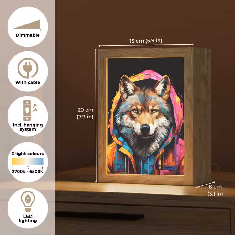 Graffiti - Wolf - Jas - Zwart Light Box met kabel (Tafellamp) klein -USP_EN