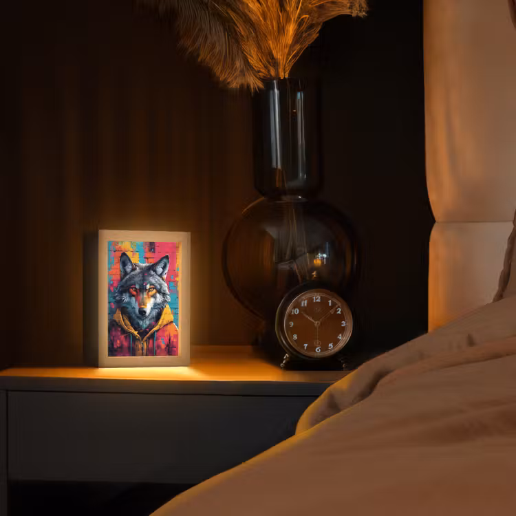 Graffiti - Wolf - Street art - Blauw Light Box met kabel (Tafellamp) klein -sfeer1