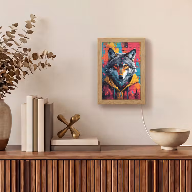Graffiti - Wolf - Street art - Blauw Light Box met kabel (Tafellamp) klein -sfeer2