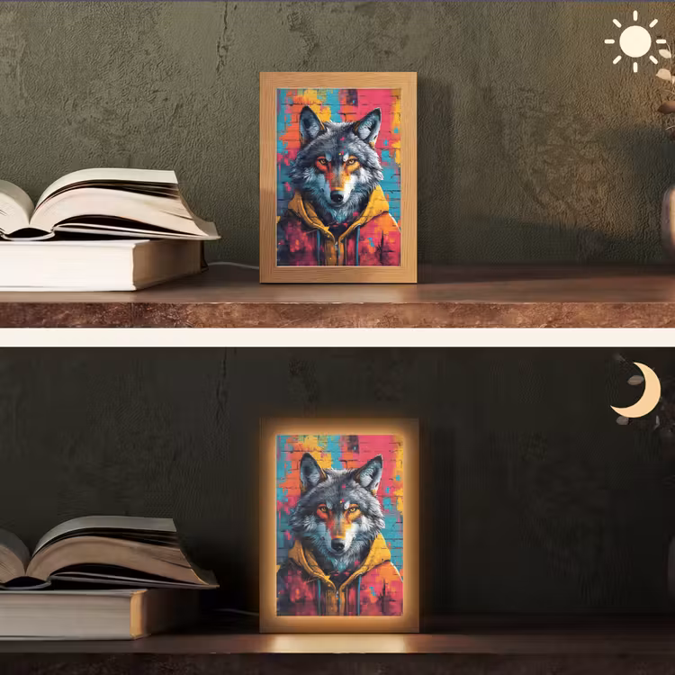 Graffiti - Wolf - Street art - Blauw Light Box met kabel (Tafellamp) klein -sfeer3