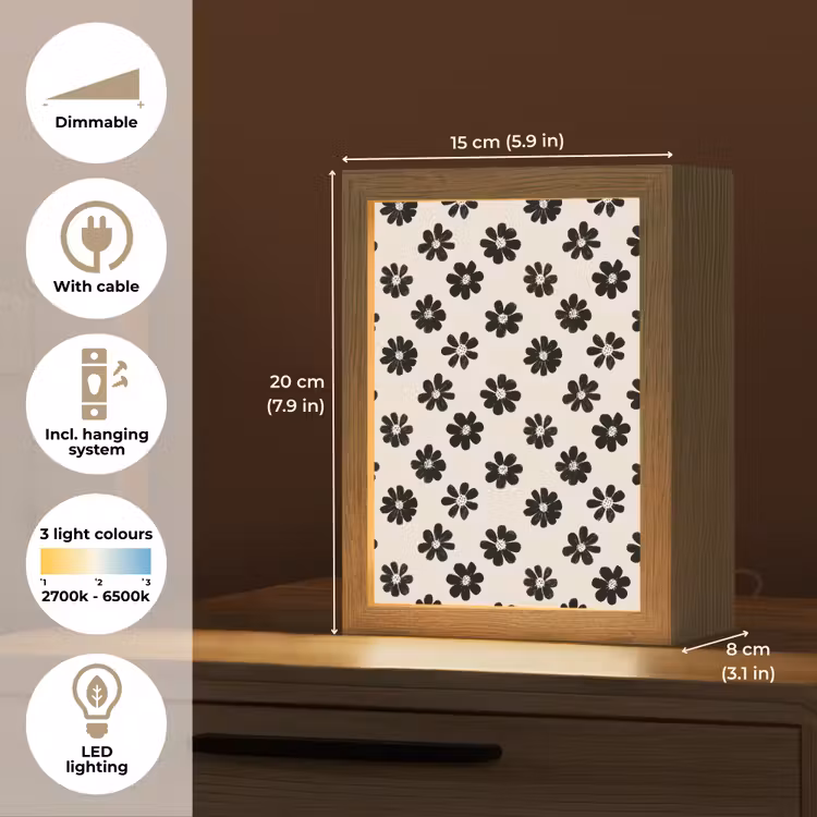 Grafisch - Madeliefjes - Zwart - Beige Light Box met kabel (Tafellamp) klein 925 -USP_EN