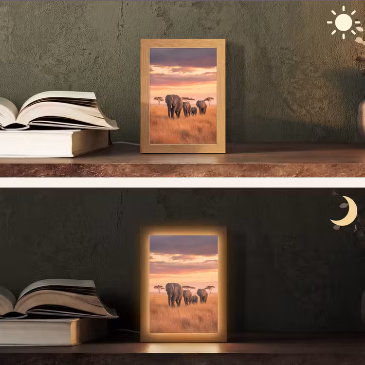 Groep olifanten - Open vlakte - Zon Light Box met kabel (Tafellamp) klein -sfeer3