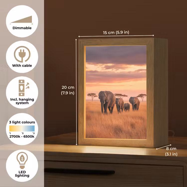 Groep olifanten - Open vlakte - Zon Light Box met kabel (Tafellamp) klein -USP_EN