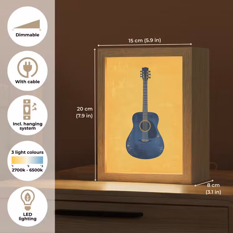 Gitaar - Akoestisch - Geel - Minimalistisch Light Box met kabel (Tafellamp) klein -USP_EN