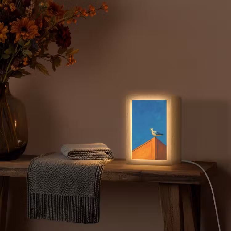 Meeuw - Gebouw - Lucht - Geschilderd Light Box met kabel (Tafellamp) klein -sfeer4