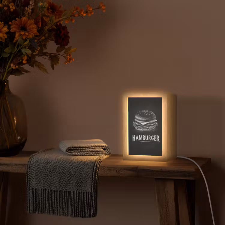 Hamburger - Krijttekst - Zwart - Wit Light Box met kabel (Tafellamp) klein -sfeer4