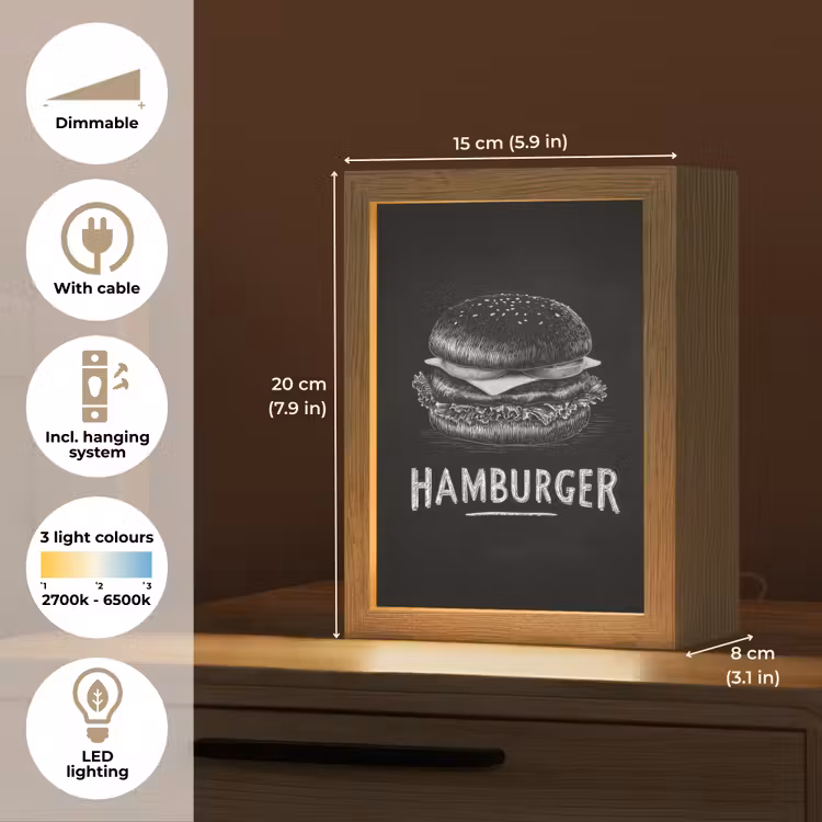 Hamburger - Krijttekst - Zwart - Wit Light Box met kabel (Tafellamp) klein -USP_EN