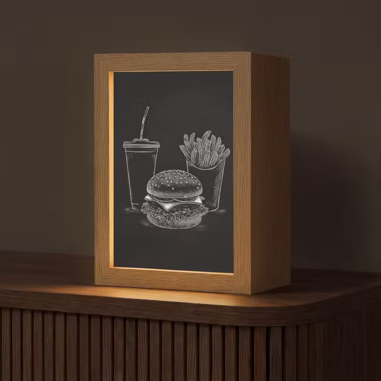 Hamburger - Friet - Frisdrank - Krijttekening Light Box met kabel (Tafellamp) klein -z3d_website