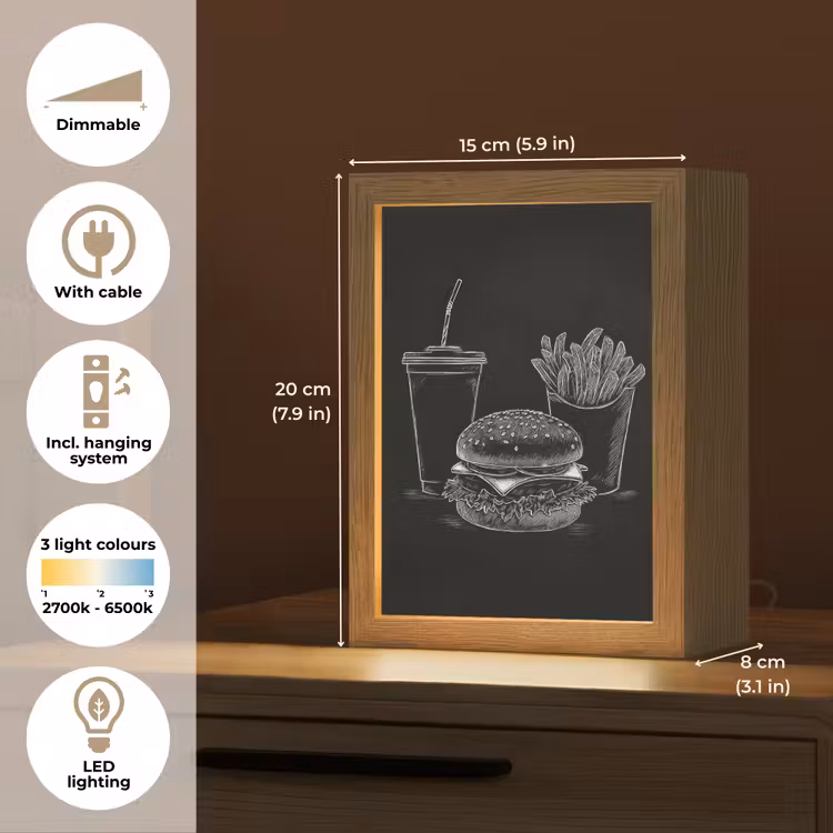 Hamburger - Friet - Frisdrank - Krijttekening Light Box met kabel (Tafellamp) klein -USP_EN