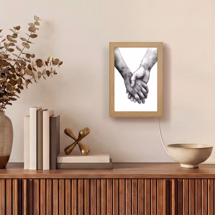 Handen - Zwart wit - Modern - Kunst Light Box met kabel (Tafellamp) klein -sfeer2