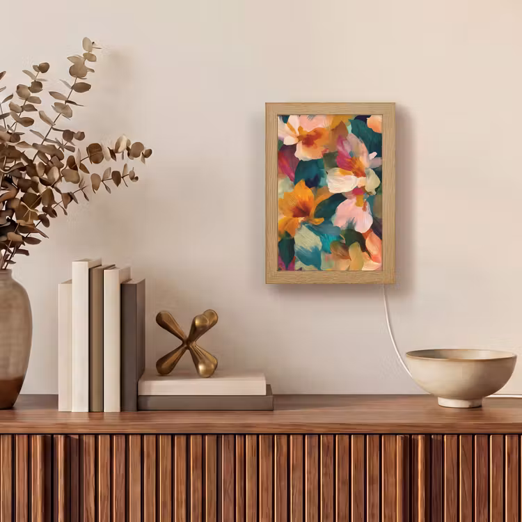 Harmonieus - Abstracte bloemen - Warme tinten Light Box met kabel (Tafellamp) klein -sfeer2
