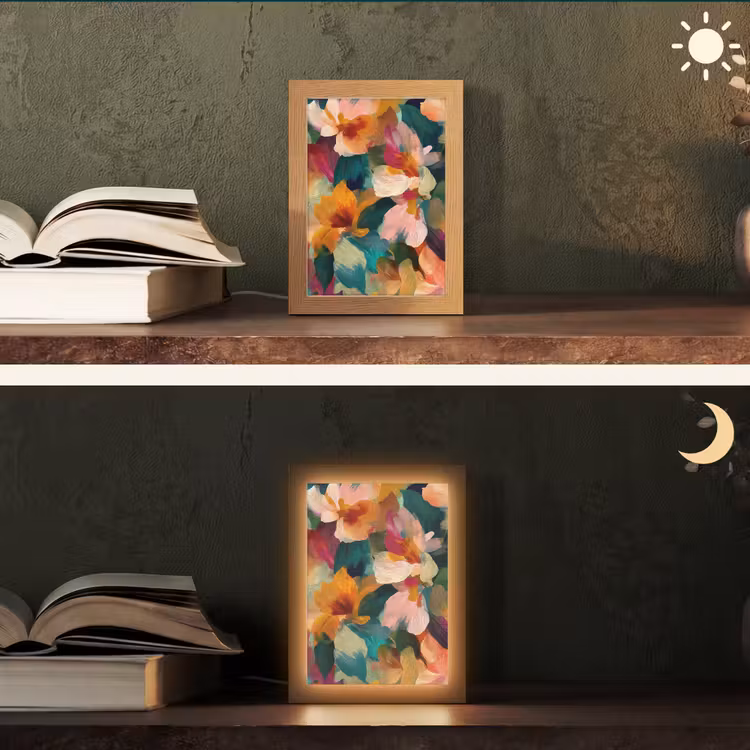 Harmonieus - Abstracte bloemen - Warme tinten Light Box met kabel (Tafellamp) klein -sfeer3