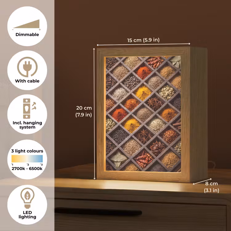 Table Lamp - Herbs - Wood - Food - Kruiden - Houten - Eten Light Box met kabel (Tafellamp) klein