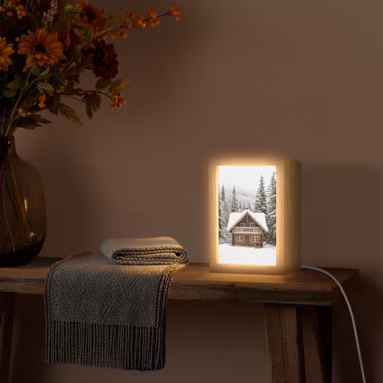 Huis - Bos - Winter - Natuur - Sneeuw Light Box met kabel (Tafellamp) klein -sfeer4