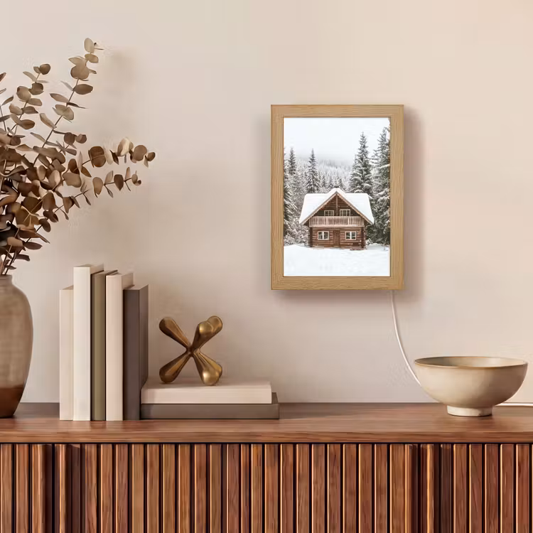 Huis - Bos - Winter - Natuur - Sneeuw Light Box met kabel (Tafellamp) klein -sfeer2