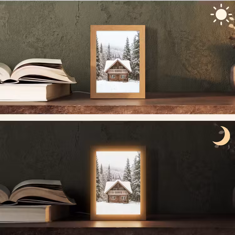 Huis - Bos - Winter - Natuur - Sneeuw Light Box met kabel (Tafellamp) klein -sfeer3